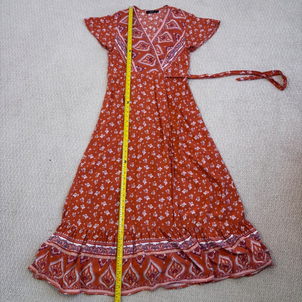 Bohemian‎ Floral Wrap Maxi Dress, Size Large Rust Orange Paisley Hippie Prairie - Picture 11 of 16